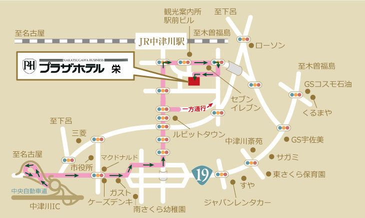 中津川駅周辺　プラザホテル栄、淀川の地図
